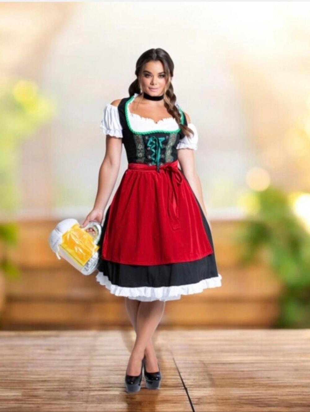 Classic Red & Black Dirndl Skirt with Apron - Women